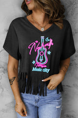 Graphic V-Neck Fringe Hem T-Shirt - SHE BADDY© ONLINE WOMEN FASHION & CLOTHING STORE