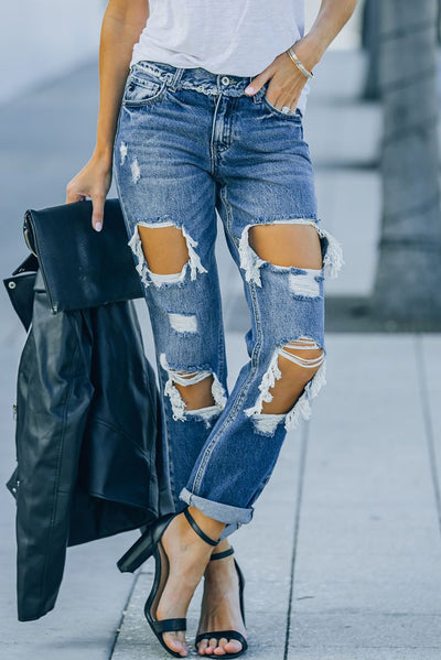 Distressed Frayed Trim Straight Leg Jeans - SHE BADDY© ONLINE WOMEN FASHION & CLOTHING STORE