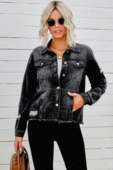 Distressed Raw Hem Denim Jacket - SHE BADDY© ONLINE WOMEN FASHION & CLOTHING STORE