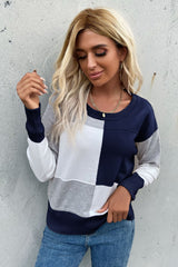 Color Block Ribbed Trim Round Neck Knit Pullover - SHE BADDY© ONLINE WOMEN FASHION & CLOTHING STORE