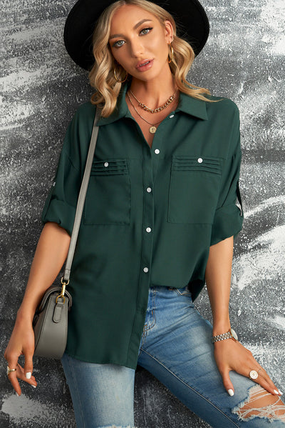 Button-Up Roll-Tab Sleeve Shirt - SHE BADDY© ONLINE WOMEN FASHION & CLOTHING STORE