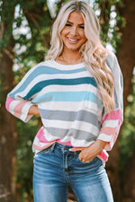 Striped Round Neck Sweater with Breast Pocket - SHE BADDY© ONLINE WOMEN FASHION & CLOTHING STORE