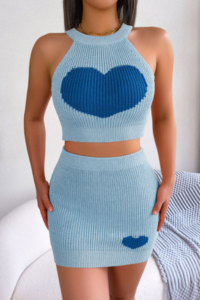 Heart Contrast Ribbed Sleeveless Knit Top and Skirt Set - SHE BADDY© ONLINE WOMEN FASHION & CLOTHING STORE