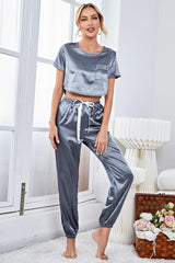 Satin Short Sleeve Crop Top and Joggers Lounge Set - SHE BADDY© ONLINE WOMEN FASHION & CLOTHING STORE