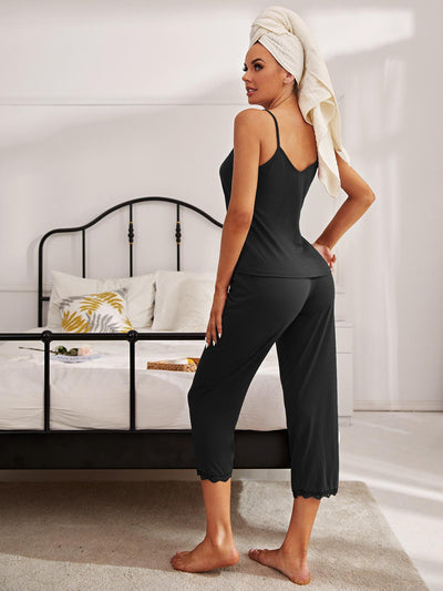 V-Neck Lace Trim Slit Cami and Pants Pajama Set - SHE BADDY© ONLINE WOMEN FASHION & CLOTHING STORE